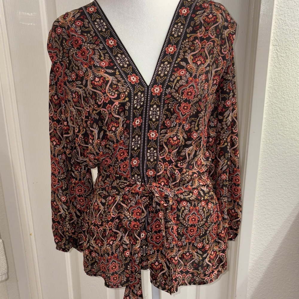 Max Studio Floral V-Neck Blouse - Black and Red
